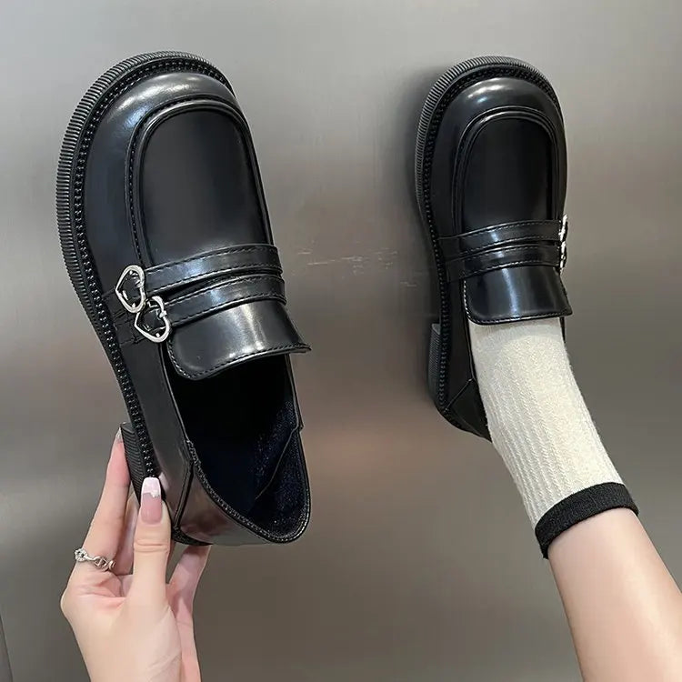 Xajzpa Gothic Lolita Heart Buckle Women's Loafers Mary Jane Shoes Women Cute Kawaii Chunky Platform Flats Fashion Designer Leather Shoe