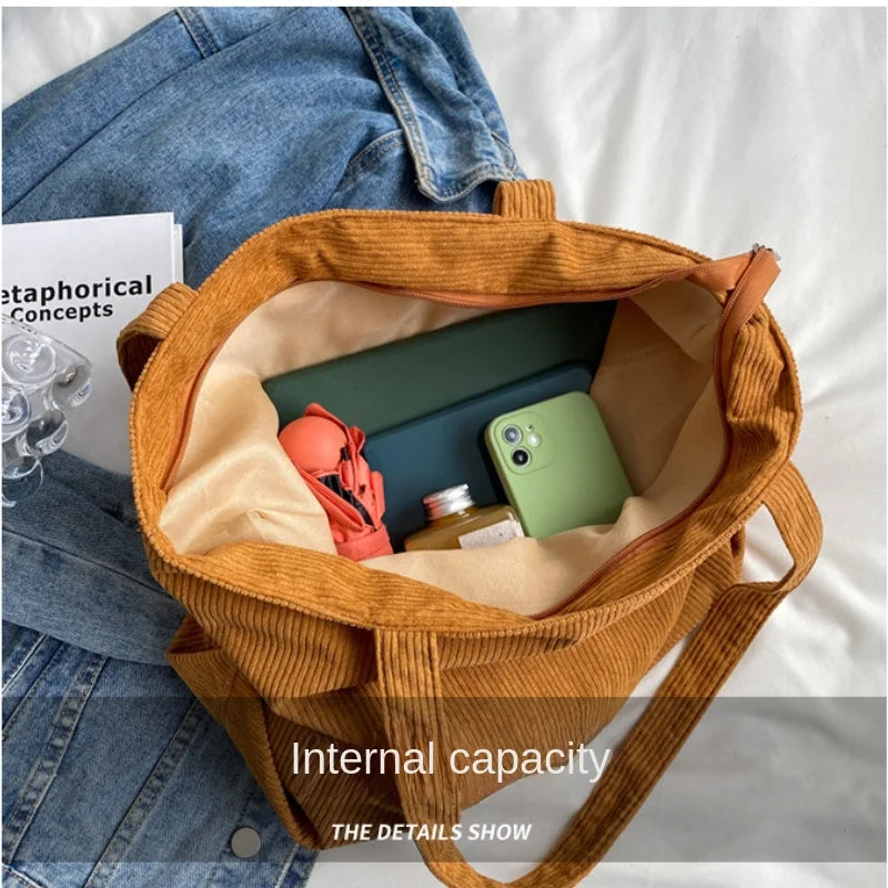 Xajzpa Large Capacity Corduroy Shoulder Bag New Fashion Simple Handbag Leisure Student Side Bags for Woman