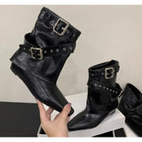 Xajzpa New Style Vintage Thick Heel Women Western Cowgirl Boots Fashion Belt Buckle Ladies Elegant Slip on Mordern Mid Calf Boots