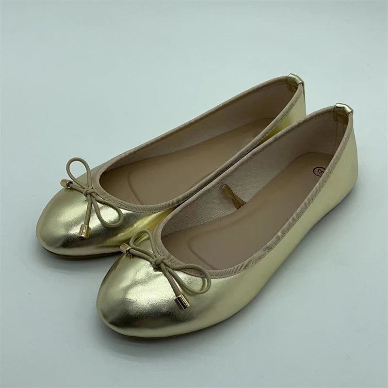Xajzpa Elegant Bowknot Ballerina Women's Flat Round Toe Comfort Slip-On Ladies Loafers Leather Single Mules Shoes