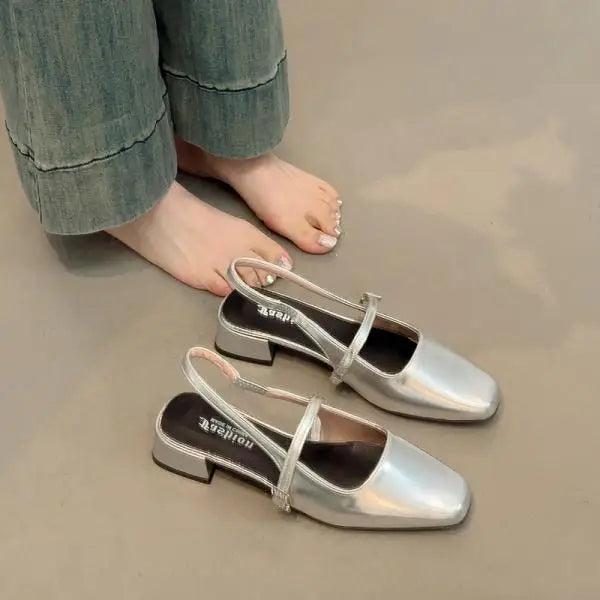 Xajzpa Open Shoes Heel Mary Jane Square Toe Chunky Sandals Women's Block Girls Clear New Low Retro Silver Scandals Janes Women's S