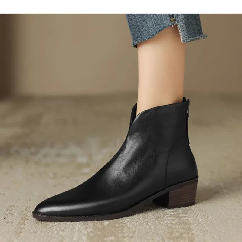 Xajzpa New Autumn Genuine Leather Ankle Boots Pointed Toe Women Boots Retro Short Boots Women Shoes Winter Retro Chelsea Boots