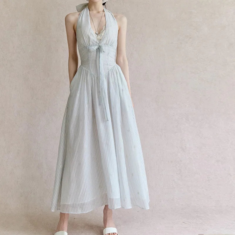 Xajzpa Fashion Casual Dress Women's V Neck Sleeveless Bow Waist Retraction A Line Dresses 2025 Summer New Tide