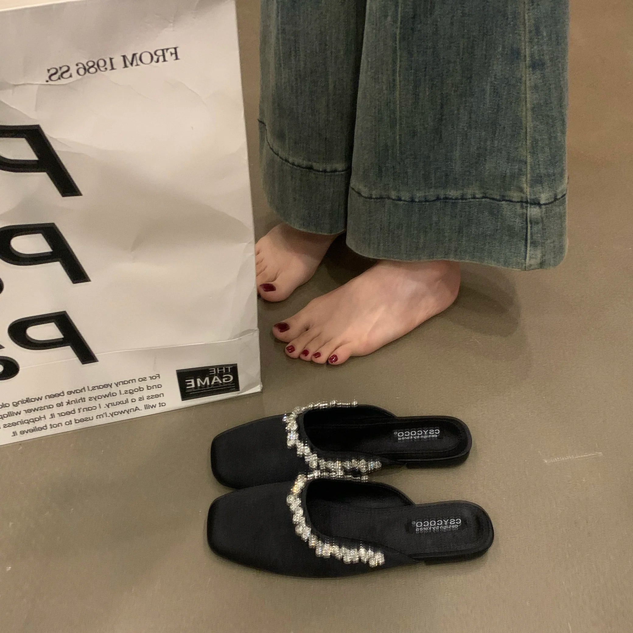 Xajzpa Square Toe Flat Shoes Female Womens Slippers Outdoor Glitter Slides Pantofle Cover Jelly Soft Crystal Scandals Flat Shoes F