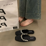 Xajzpa Square Toe Flat Shoes Female Womens Slippers Outdoor Glitter Slides Pantofle Cover Jelly Soft Crystal Scandals Flat Shoes F