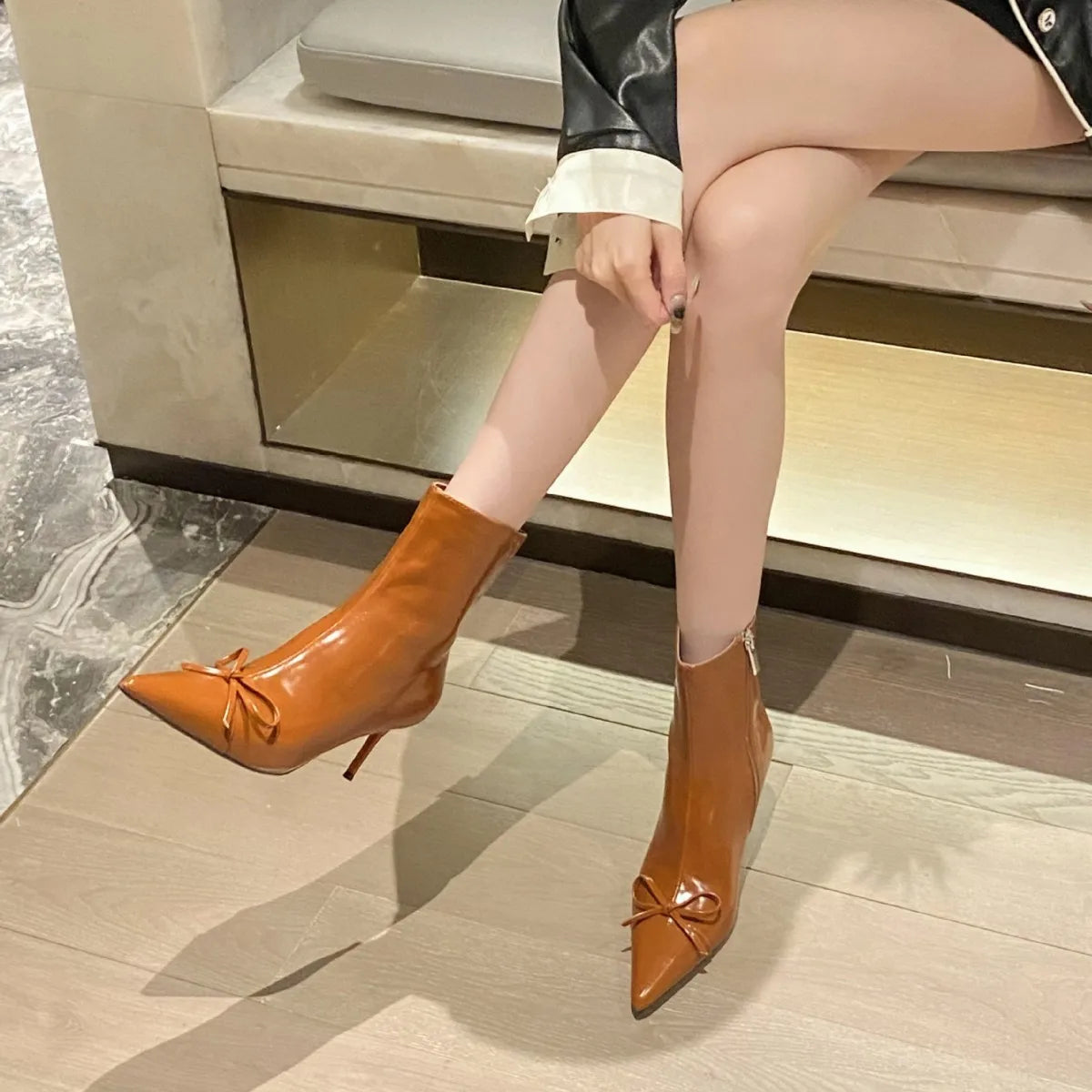Xajzpa Women's Leather Boots Female Shoes Boots-Women Zipper  Luxury Designer Ladies 2024 High Heel Pointy Med Rubber Mid Calf Mid-Calf