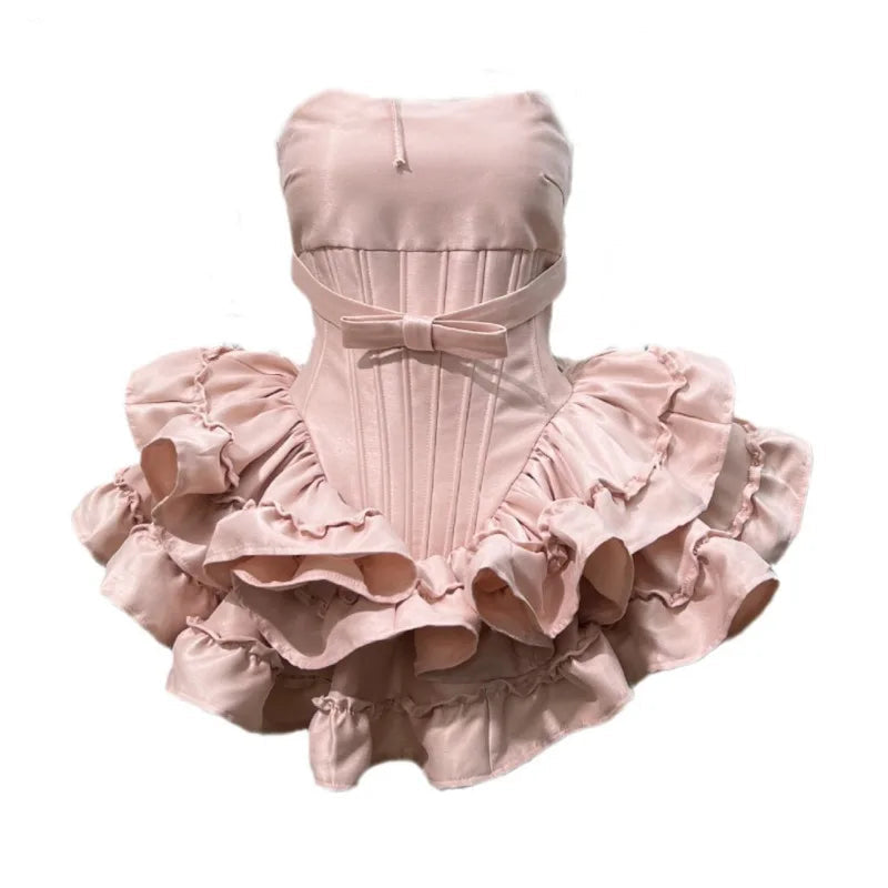 Xajzpa Fashion Solid Color Folds Dress Women's Strapless Fishbone Waist Retraction Dresses 2025 Summer New Tide