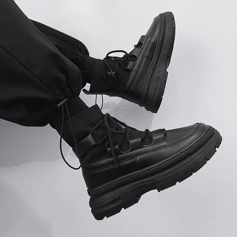 Xajzpa Autumn Winter Socks Boots New Men Ankle Boots Platform Black Shoes for Men Fur Chunky Punk Motorcycle Booties Gothic Shoes