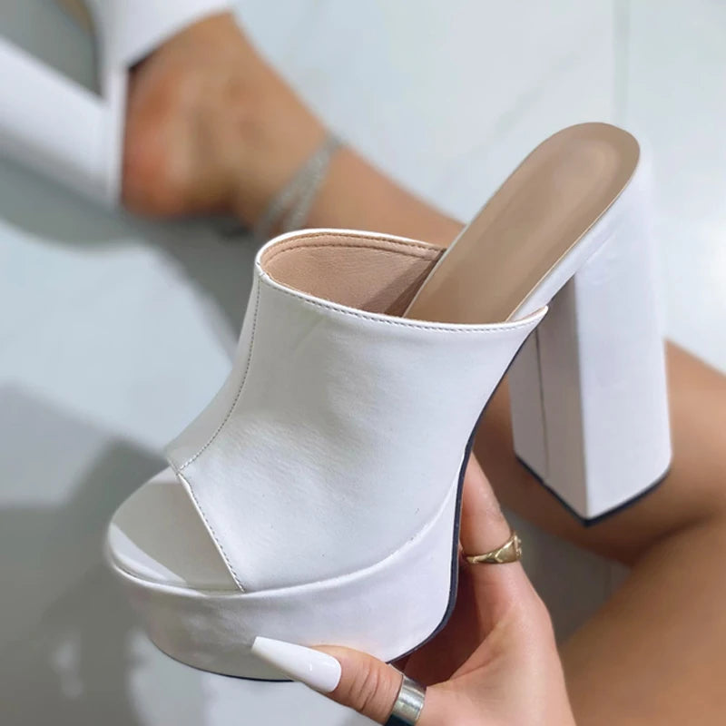 Xajzpa Sexy Thick Bottom Square Toe Chunky High Heels Platform Slippers For Women Party Banquet Shoes Gold Sandals Zapatos Mujer