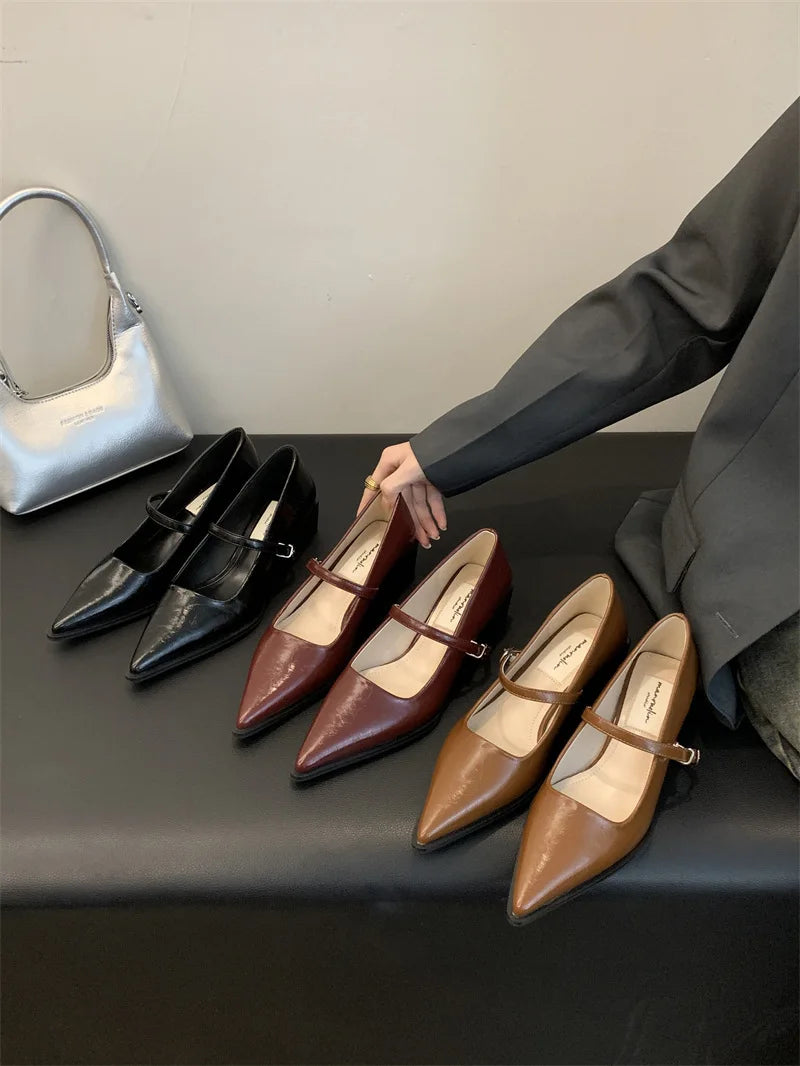 Xajzpa Retro Style Thick Heel Spring and Autumn Women Mary Jane Shoes Fashion Shallow Pointed Toe Ladies Comfort Office Pumps Footwear