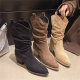 Xajzpa New Style Fashion Women's Mid-calf Boots Women Winter Ethnic Rivet Tassel Boots Woman Suede Pointed Thick Heel Shoes Boots