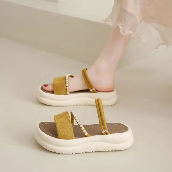 Xajzpa String Bead Shoes House Slippers Platform Slides Slipers Women House Slippers Platform Shoes String Bead Slides Slipers Wom