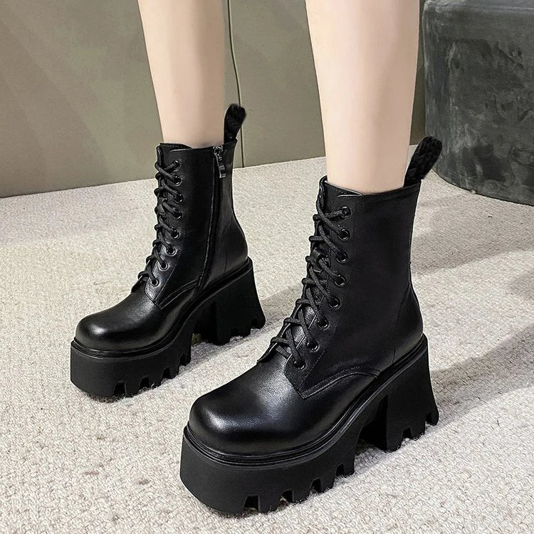 Xajzpa Punk Goth Ankle Boots Women Black Chunky Wedge Platform Shoes Woman Lace Autumn Patent Leather Footwear Lady Botas Mujer