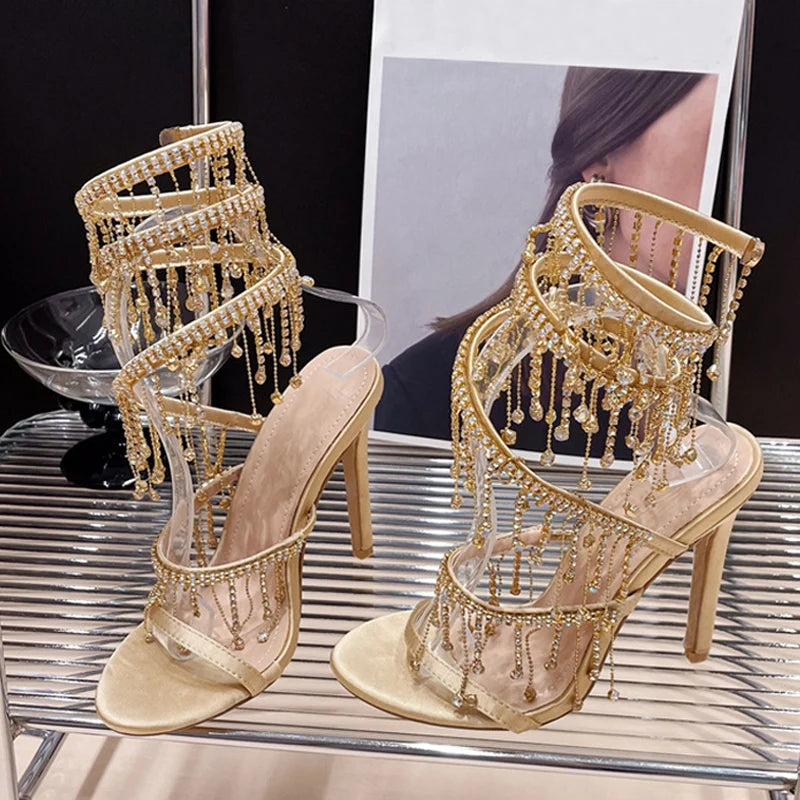 Xajzpa Elegant Women Wedding Banquet Shoes Fashion Crystal Tassel Twining Stiletto Sandals Sexy Open Toe Stripper Heels Golden