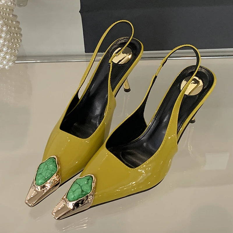 Xajzpa Fashion Design Inlay Gems Pointed Toe Patent Leather Sexy Slingback Sandals Women Pumps High Heels Wedding Banquet Shoes