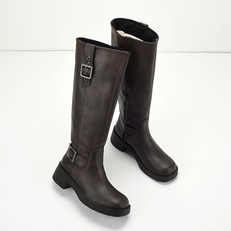 Xajzpa Med Heel Boots Zipper Female Shoes Round Toe Over-the-Knee Ladies Lolita Rubber Leather Flat Mixed Colors  Short Plush Retro PU