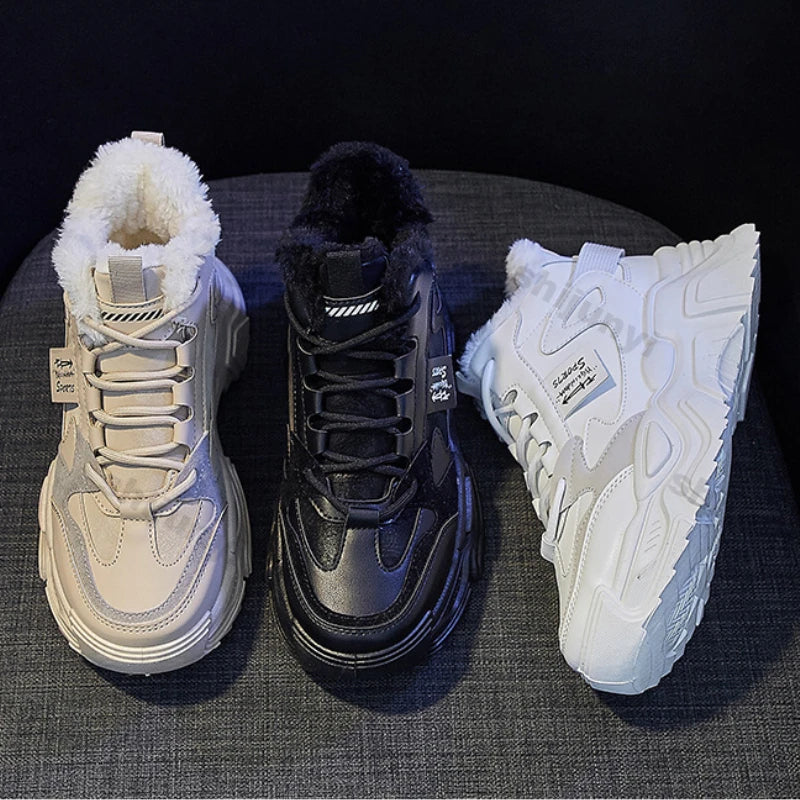 Xajzpa Fashion Platform Sneakers for Women Winter Thick Bottom Lace Up Walking Shoes Ladies Comfort Non Slip Sports Warm Cotton Shoes