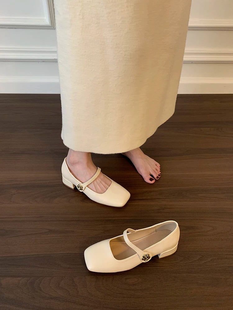 Xajzpa Shoes Branded Pumps Chunky Sandals Shallow Mouth Clogs for Women Slim Heels Mary Jane Square Toe Fashion Spring Retro Block Afri