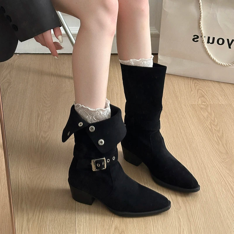 Xajzpa New Style Luxury Women Boots European and American Fashion Buckle Pleated Short Boots Autumn and Winter Flat Boots Women Shoes