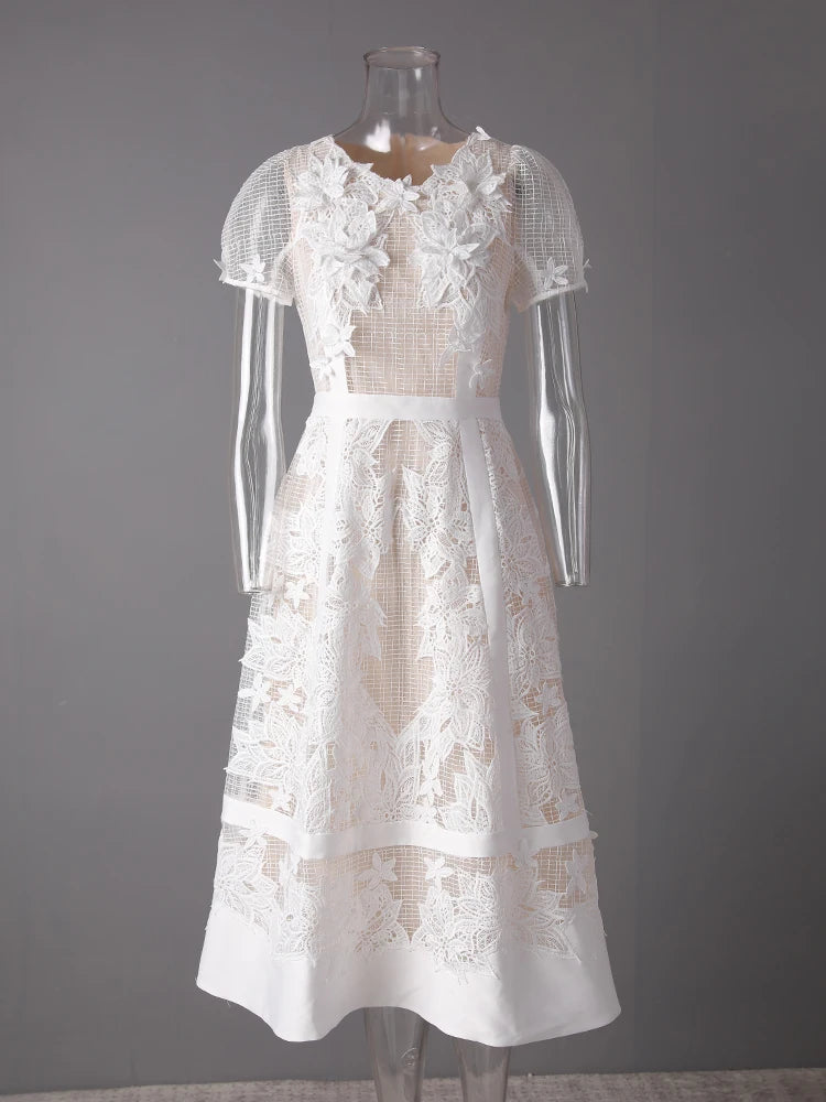 Xajzpa Fashion Women Dress Short Sleeve Round Neck Lace Patchwork Female Elegant Dresses New Tide