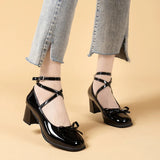 Xajzpa Black Retro Cross-Tie Pumps Casual Summer Round Toe Shoes Ladies Sweet Fashion Shoes Woman Bow Design