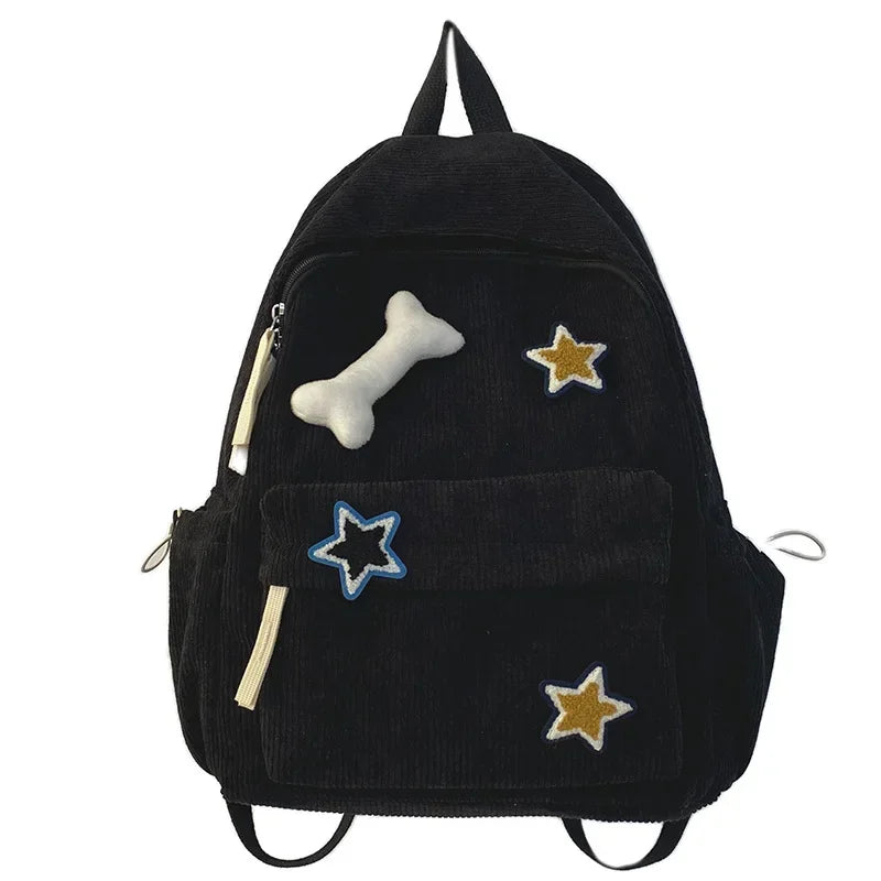 Y2K Girls Star Pattern Laptop Backpack Teen Student Large Capacity School Bookbag Corduroy Rucksack Double Strap Shoulder Bag