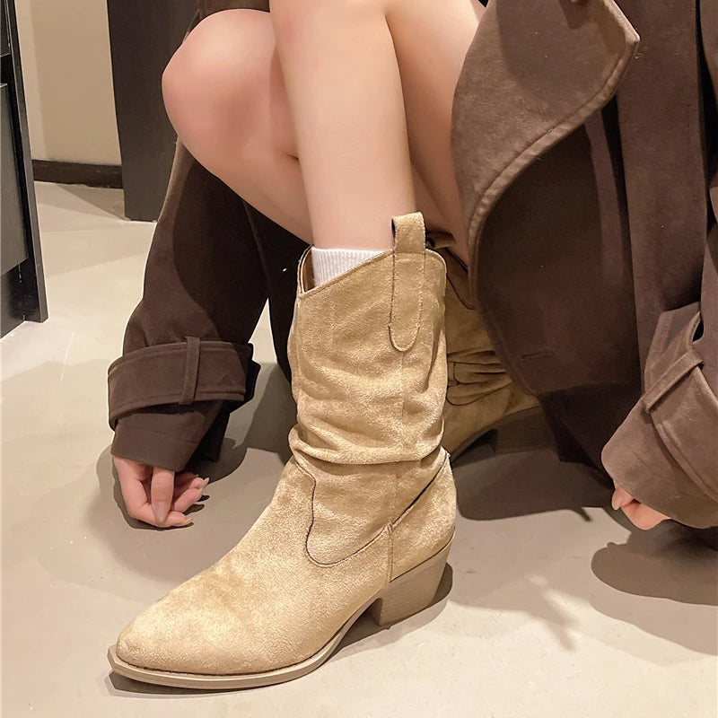 Xajzpa New Style Fashion Women's Mid-calf Boots Women Winter Ethnic Rivet Tassel Boots Woman Suede Pointed Thick Heel Shoes Boots