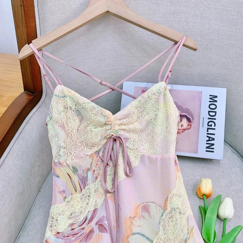 Xajzpa Fashion Printed Patchwork Dress Women's Camisole Stretch Lace Fishtail Dresses 2025 Summer New Tide