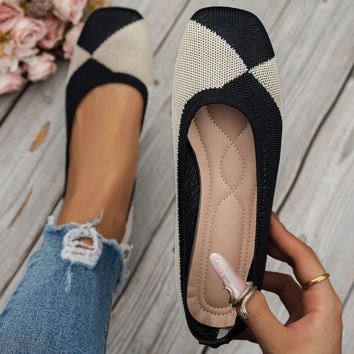 Xajzpa Spring and Autumn Flat Shoes Fashion Leisure Women's Flat Shoes Square Toe Knitting Elastic Comfortable Boutique Shoes Loafers