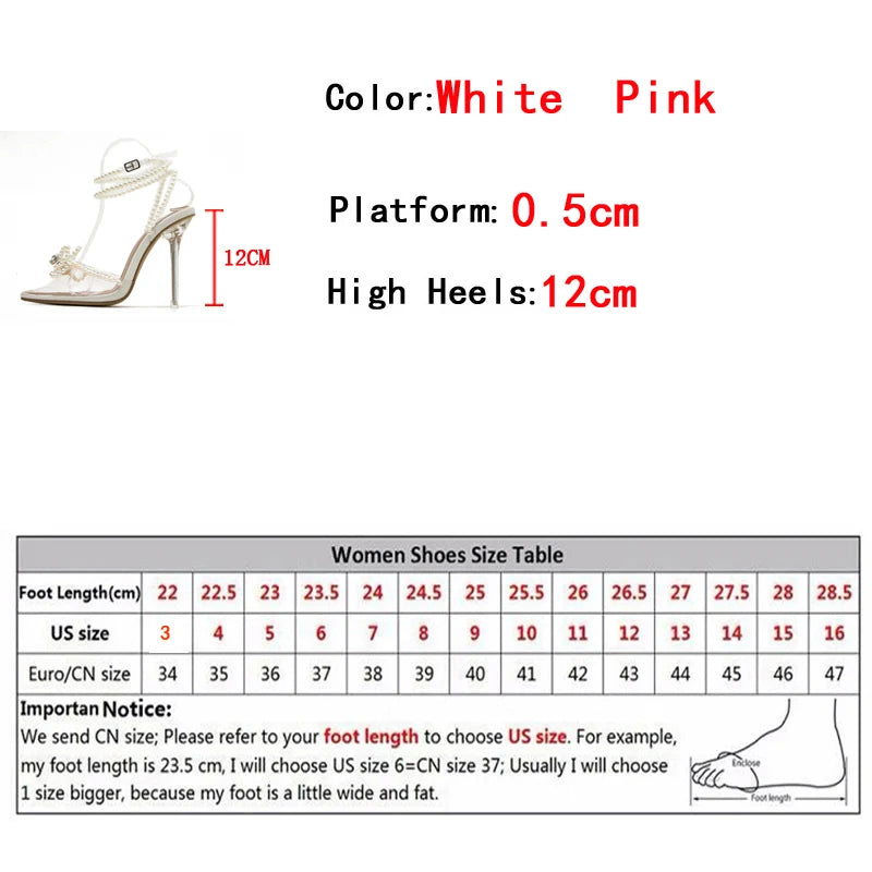 Xajzpa Sexy White String Bead Women Transparent High Heels Summer Fashion Butterfly-Knot Clear Sandals Pointed Toe Shoes Pumps