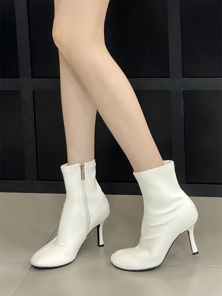 xajzpa Spring Autumn SEXY Round Toe Women Ankle Boots Concise Thin High Heels Shoes Fashion Side Zipper Short Booties
