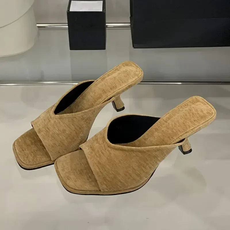 Xajzpa Summer Fashion Square Toe Women Slippers Fashion Thin Low Heels Slide Shoes Elegant Party Dress Zapatos De Mujer