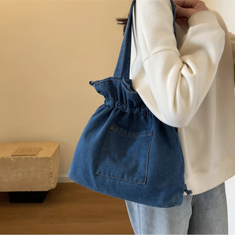 Xajzpa Denim Canvas Shoulder Bag Large Capacity Fashionable Drawstring Design Crossbody Tote Bag Student Textbook Shoulder Handbag