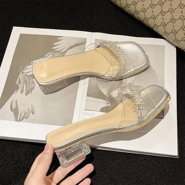 Xajzpa Shoes Womens Slippers Outdoor Pantofle Slides Jelly Flip Flops Square heel Heeled Mules Fashion 2025 Glitter Block High Transpar