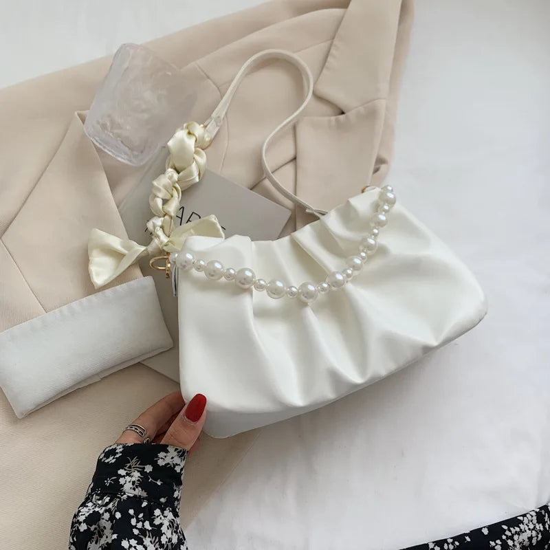 Xajzpa Fashion Pleated Crossbody Shoulder Bag Fashion Cloud PU Leather Small Handbags Purse Women Pearl Luxury Design Underarm Bags