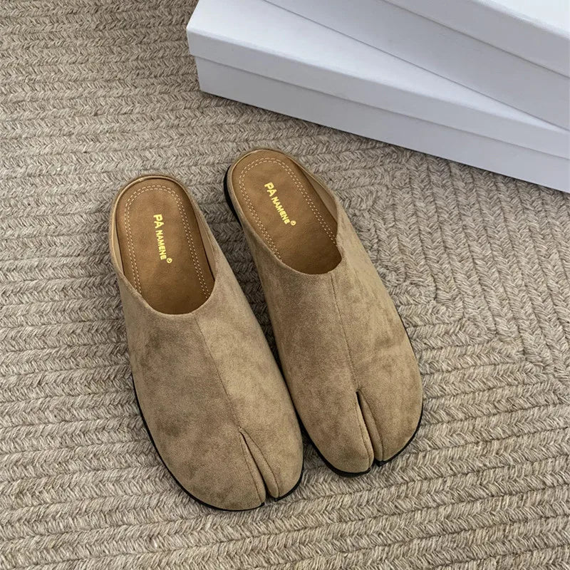 Xajzpa Women Split Toe Fur Slippers Tabi Ninja Slip On Flats Round Toe Shallow Lazy Boat Slingback Mules Shoes Soft Warm Loafe