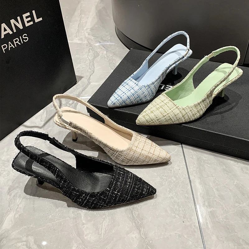 Xajzpa Brand Designer Slingbacks High Heels Pumps Women Pointed Blue Pointed Toe Party Shoes Summer Thin Heeled Sandals High Heel Shoes