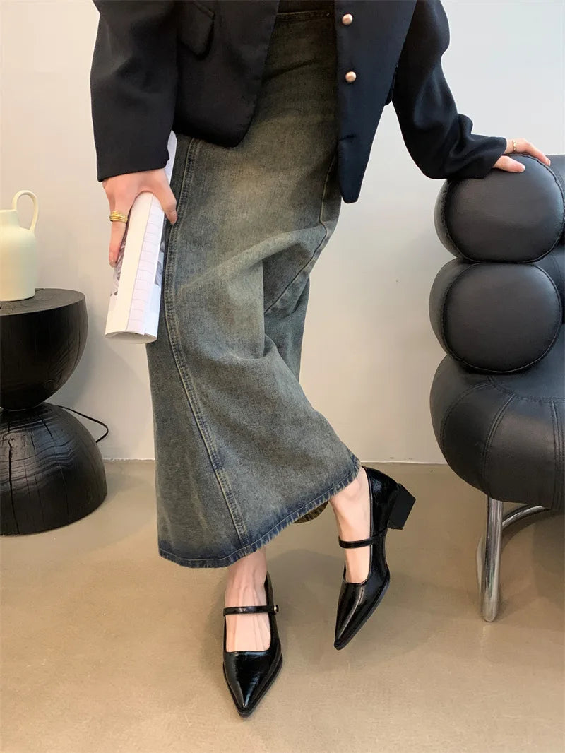 Xajzpa Retro Style Thick Heel Spring and Autumn Women Mary Jane Shoes Fashion Shallow Pointed Toe Ladies Comfort Office Pumps Footwear