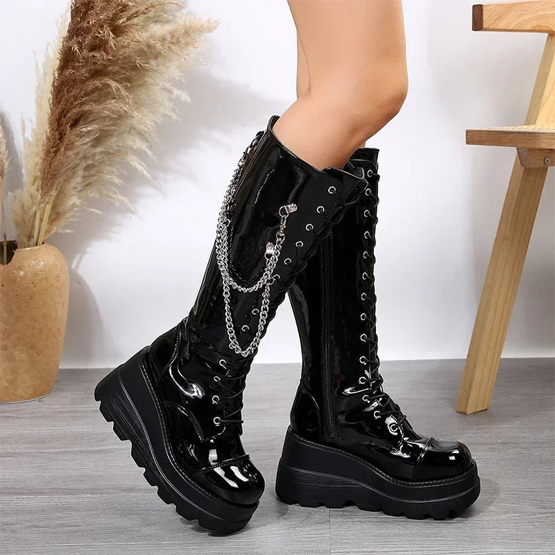Xajzpa Winter High Heels Chain Chelsea Boots Platform Knee High Women Luxury Shoes Fashion New Trend Lace Up Wedges Zipper Boots