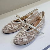 Xajzpa Spring Design Embroidery Flowers Pearl Mesh Round Tor Ballet Flats Woman Loafers Buckle Strap Ladies Mary Jane Shoe Mules Sandal