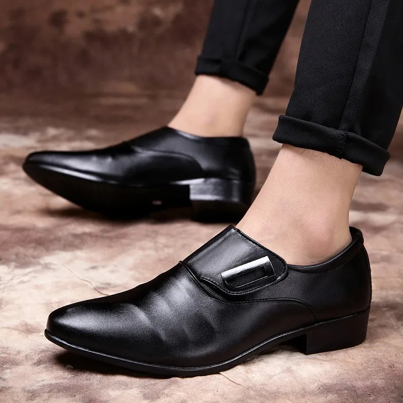 Xajzpa Men Formal Shoes Classic Business Pointed Leather Upper PU Leather Simple Buckle Design Easy To Wear Black Oversized Size 38-48