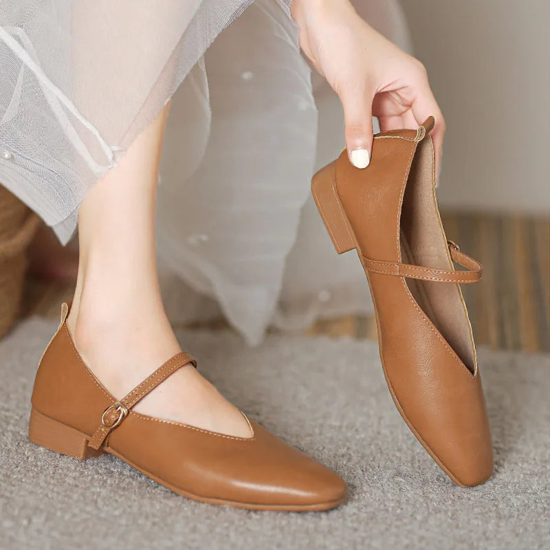 Xajzpa  Retro Women's Pumps Soft Microfiber Leather Single Shoes Fashion Shallow Buckle Mary Jane Heels Low Square Heel Daily Pumps
