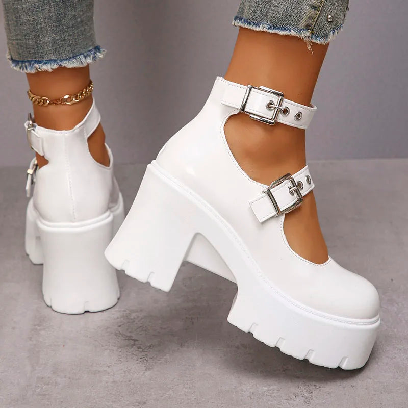 Xajzpa  Chunky Platform Punk Gothic Shoes Women Ankle Buckle Super High Heels Pumps Woman Pu Leather Square Heel Mary Jane Shoes
