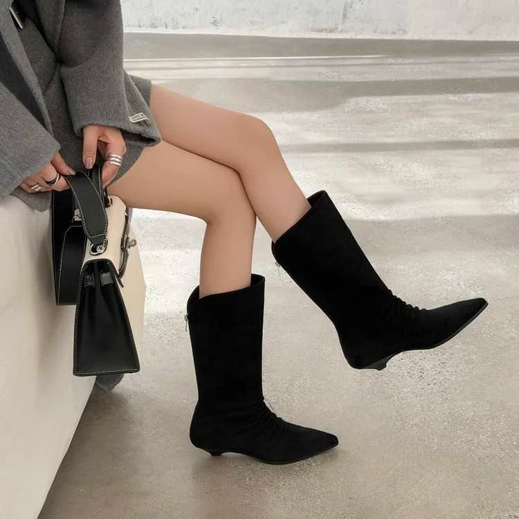 Xajzpa New Style Luxury Women's Flats Women's Boots Pointed Toe Designer Mid Calf Shoes Winter Fad Boots Trend Gladiator Walking Boots