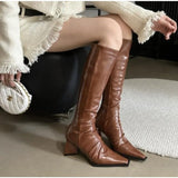 Xajzpa New Stretch Soft Leather Women Over the Knee High Boots Fashion Pointed Toe Shoes Autumn Winter Thick Heel Ladies Long Booties