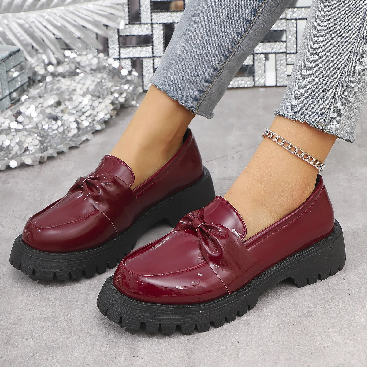 Xajzpa Cross Women's Shoes Round Toe Bow-Knot Patent Leather Ballet Flats Loafers With Fur Casual Female Sneakers Butterfly New Big Siz