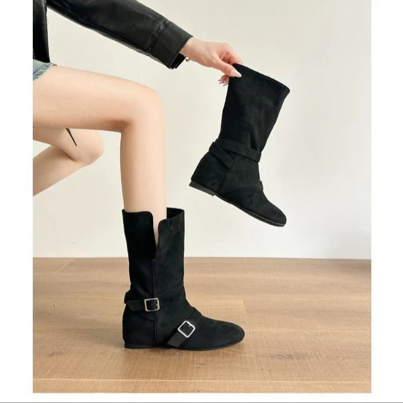 Xajzpa New Women's Vintage Suede Women Trouser Legs Boots Fashion Belt Buckle Slip on Shoes Autumn Winter Wedges Heel Ladies Long Boots