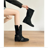 Xajzpa New Women's Vintage Suede Women Trouser Legs Boots Fashion Belt Buckle Slip on Shoes Autumn Winter Wedges Heel Ladies Long Boots