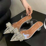 Xajzpa Spring Sexy Slingback Shoes Women Mules Sandals Fashion Crystal Diamond Bowknot Pointed Toe Transparent Heels Pumps