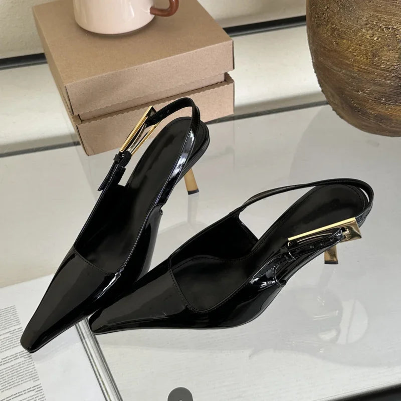 Xajzpa Street Style Sexy Pointed Toe Metal Buckle Strap Women Pumps Stripper Sandals Slingback High Heels Female Shoes